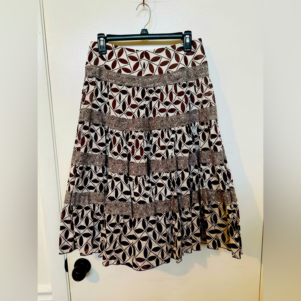 Trina Turk Aline Skirt Woman’s 2 Brown Floral Tiered Crocheted hemp Boho peasant
